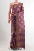 Purple Tussar Saree with Printed design on the body and Zari Border.  displayed on a mannequin