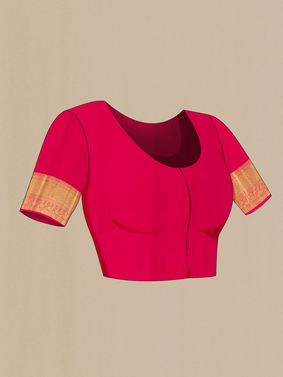 Close up image of the blouse of Red Kanchipuram Silk Saree with Zari Brocade on the body and Zari Border. 
