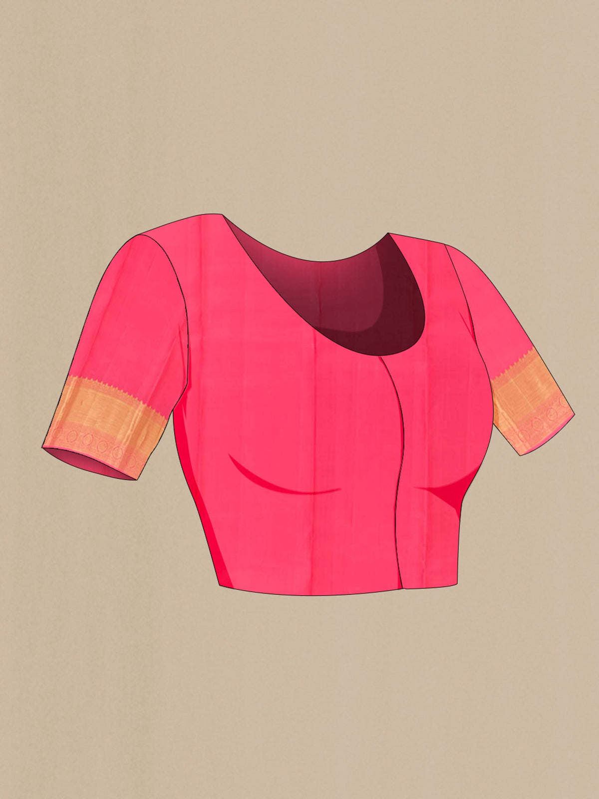 Close up image of the blouse of Pink Kanchipuram Silk Saree with Zari Brocade on the body and Zari Border. 