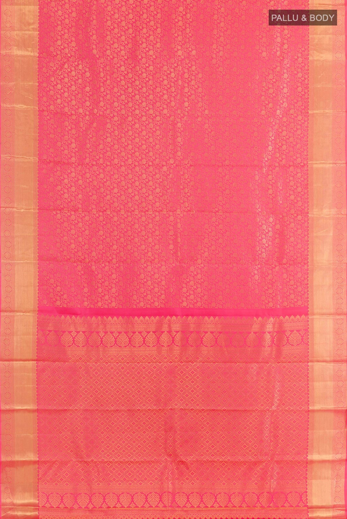 Flat view of Pink Kanchipuram Silk Saree with Zari Brocade on the body and Zari Border. 