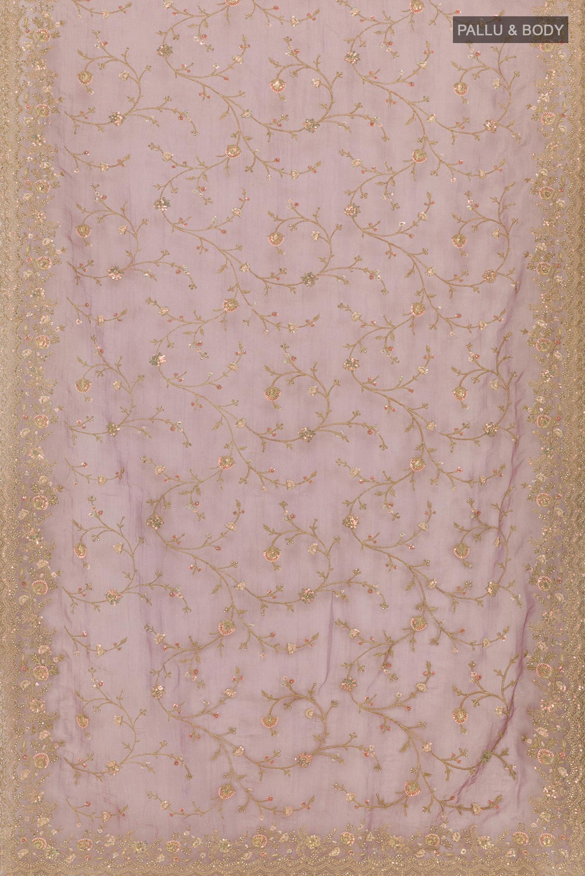 Flat view of Lavender Blended Art Silk Saree with Embroidery on the body and Embroidery Border. 