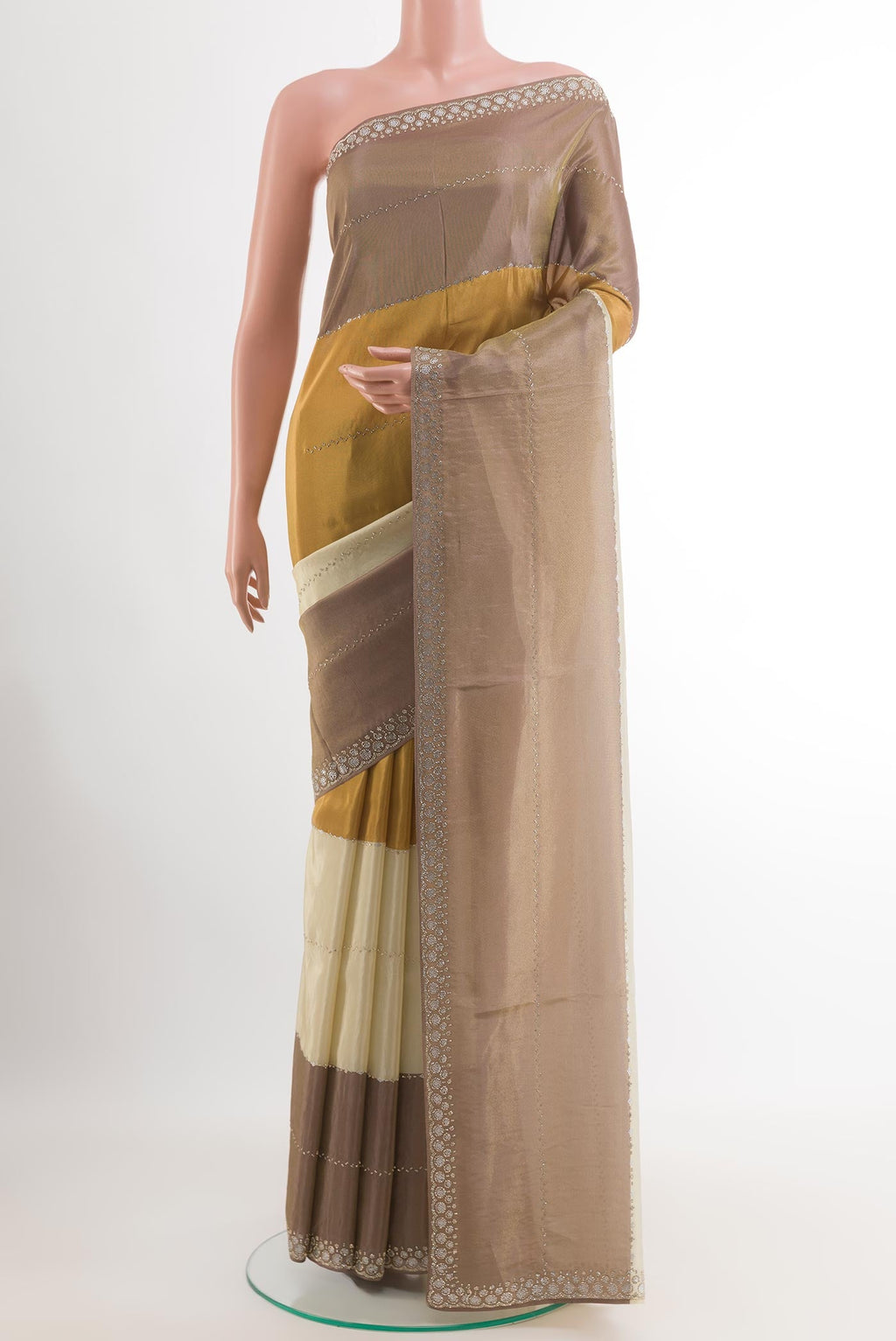 Multi Color Blended Art Silk Saree with Embroidery on the body and Embroidery Border.  displayed on a mannequin