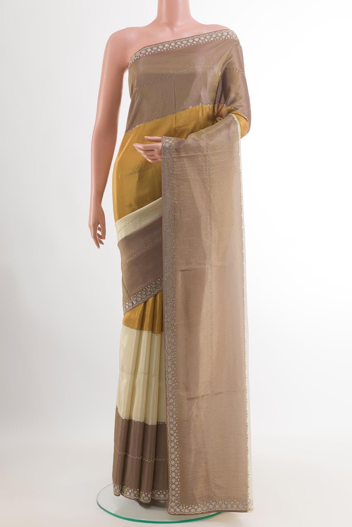 Multi Color Blended Art Silk Saree with Embroidery on the body and Embroidery Border.  displayed on a mannequin
