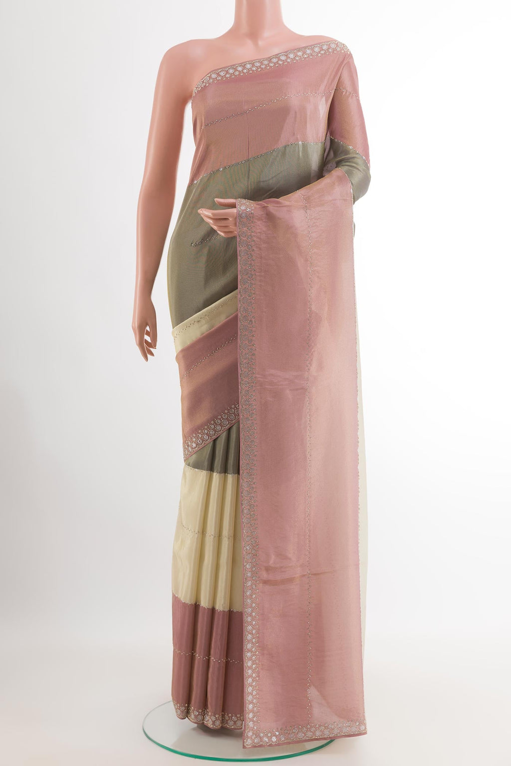 Multi Color Blended Art Silk Saree with Embroidery on the body and Embroidery Border.  displayed on a mannequin