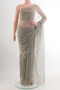 Grey Blended Art Silk Saree with Embroidery on the body and Embroidery Border.  displayed on a mannequin