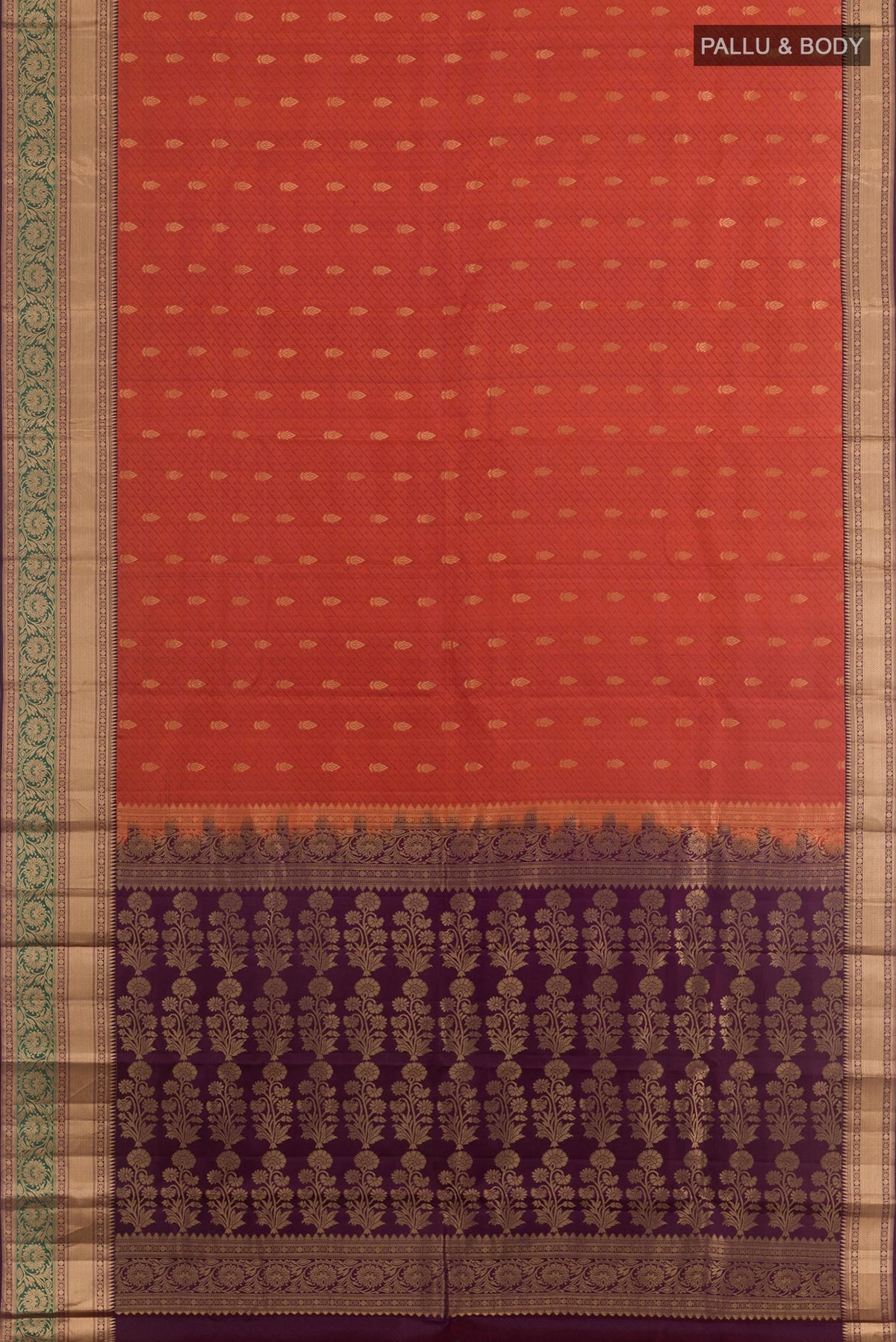 Flat view of Brick Orange Kanchipuram Silk Saree with Jacquard With Zari Butta on the body and Zari Border. 