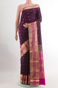 Purple Kanchipuram Silk Saree with Jacquard With Zari Butta on the body and Zari Border.  displayed on a mannequin