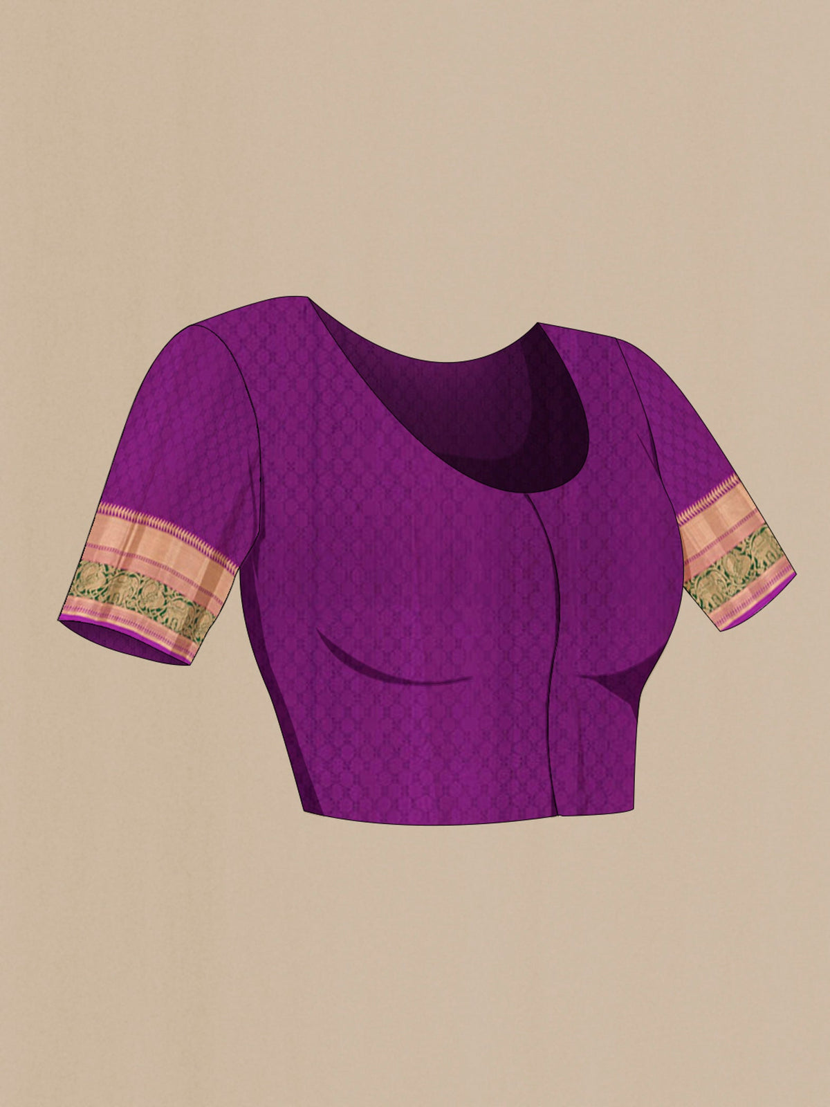 Close up image of the blouse of Purple Kanchipuram Silk Saree with Jacquard With Zari Butta on the body and Zari Border. 