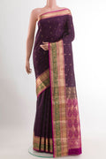 Purple Kanchipuram Silk Saree with Jacquard With Zari Butta on the body and Zari Border.  displayed on a mannequin