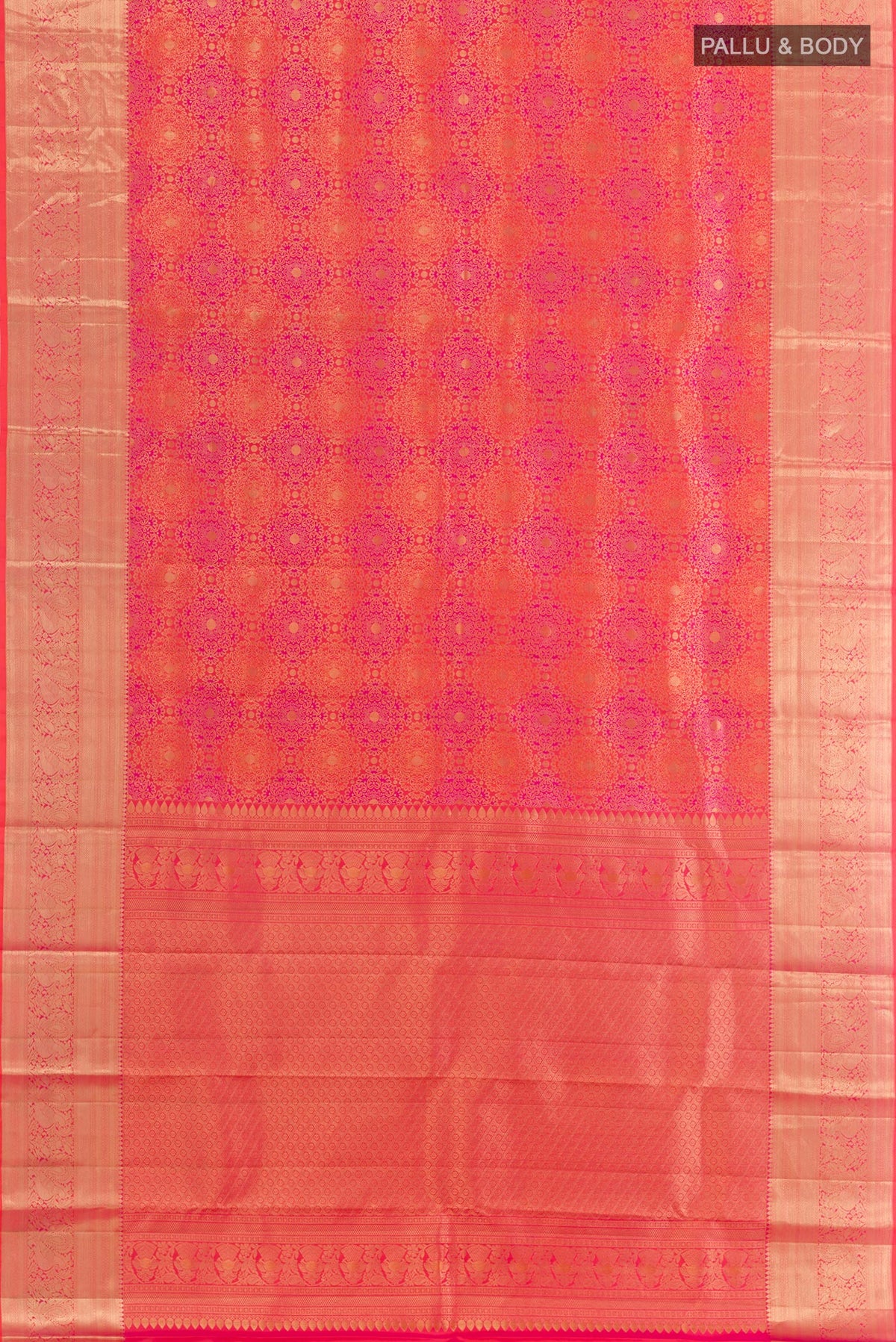 Flat view of Orange Kanchipuram Silk Saree with Zari Brocade on the body and Zari Border. 