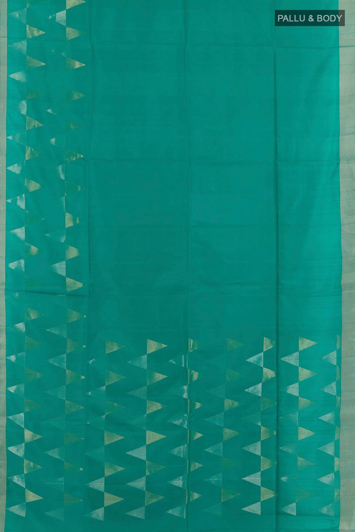 Flat view of Sea Green Soft Silk Saree with Zari Butta on the body and Zari Border. 