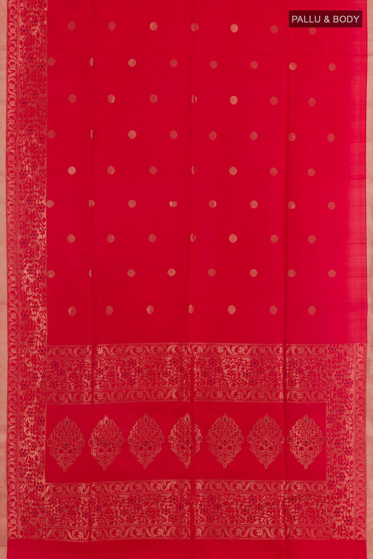 Flat view of Red Raw Silk Saree with Zari Butta on the body and Zari Border. 