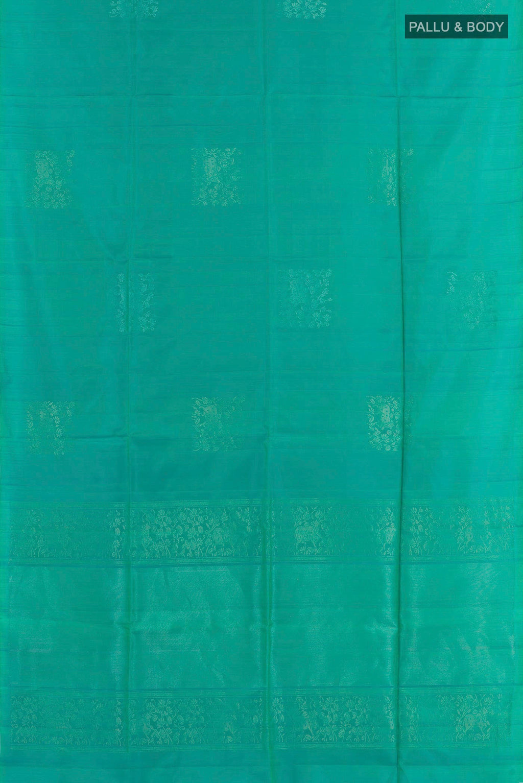 Flat view of Sea Green Soft Silk Saree with Zari Butta on the body and Zari Border. 