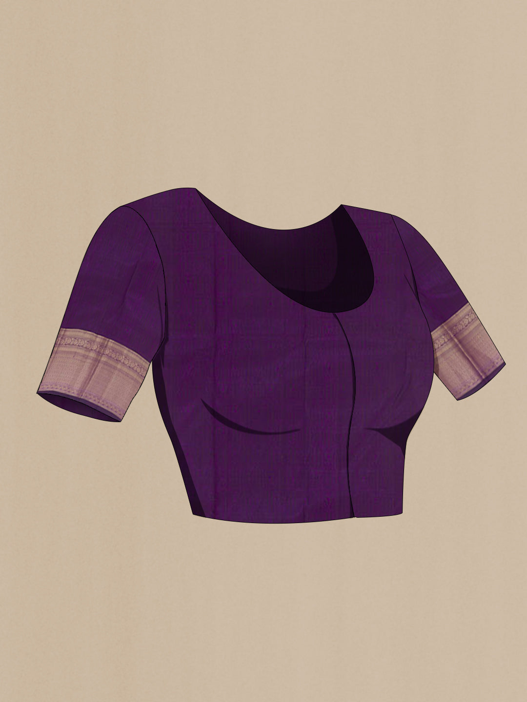 Close up image of the blouse of Purple Kanchipuram Silk Saree with Zari Butta on the body and Zari Border. 