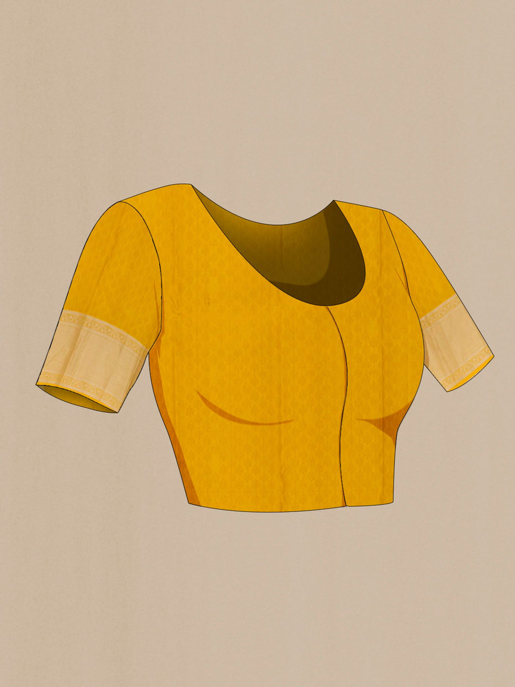 Close up image of the blouse of Yellow Kanchipuram Silk Saree with Jacquard With Zari Butta on the body and Zari Border. 