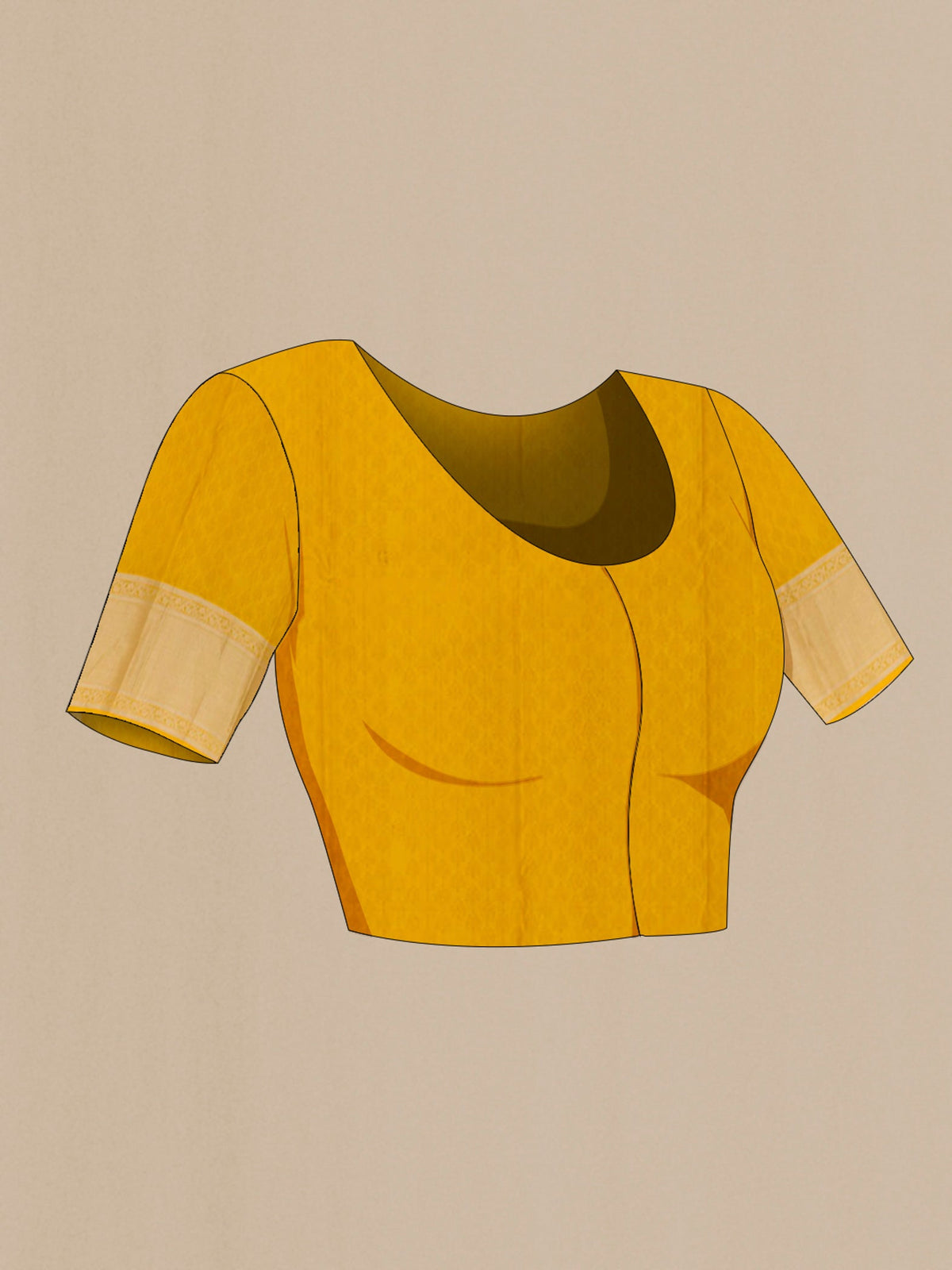 Close up image of the blouse of Yellow Kanchipuram Silk Saree with Jacquard With Zari Butta on the body and Zari Border. 