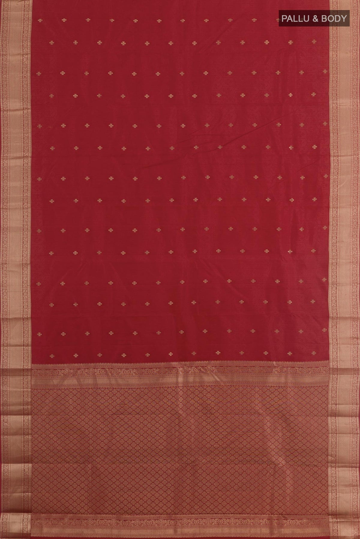 Flat view of Maroon Kanchipuram Silk Saree with Jacquard With Zari Butta on the body and Zari Border. 