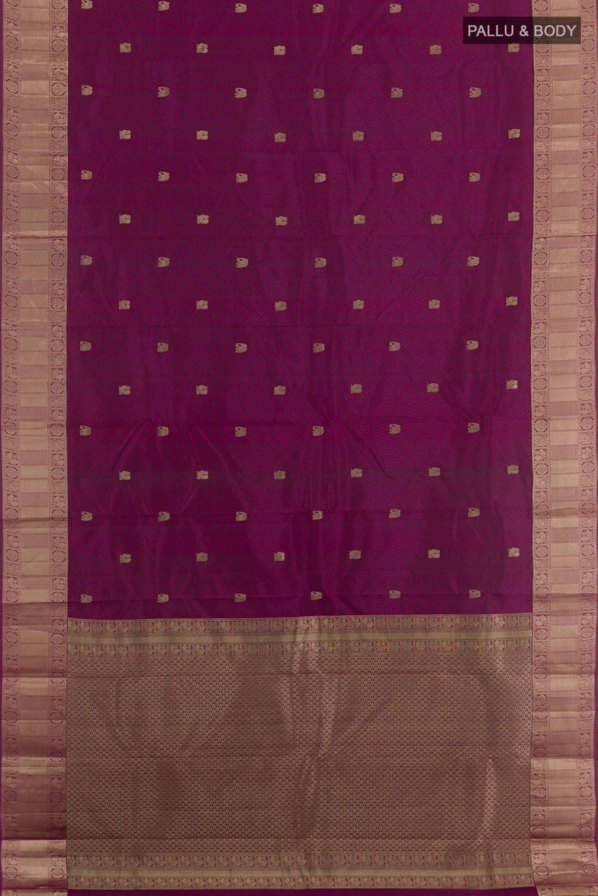 Flat view of Purple Kanchipuram Silk Saree with Jacquard With Zari Butta on the body and Zari Border. 