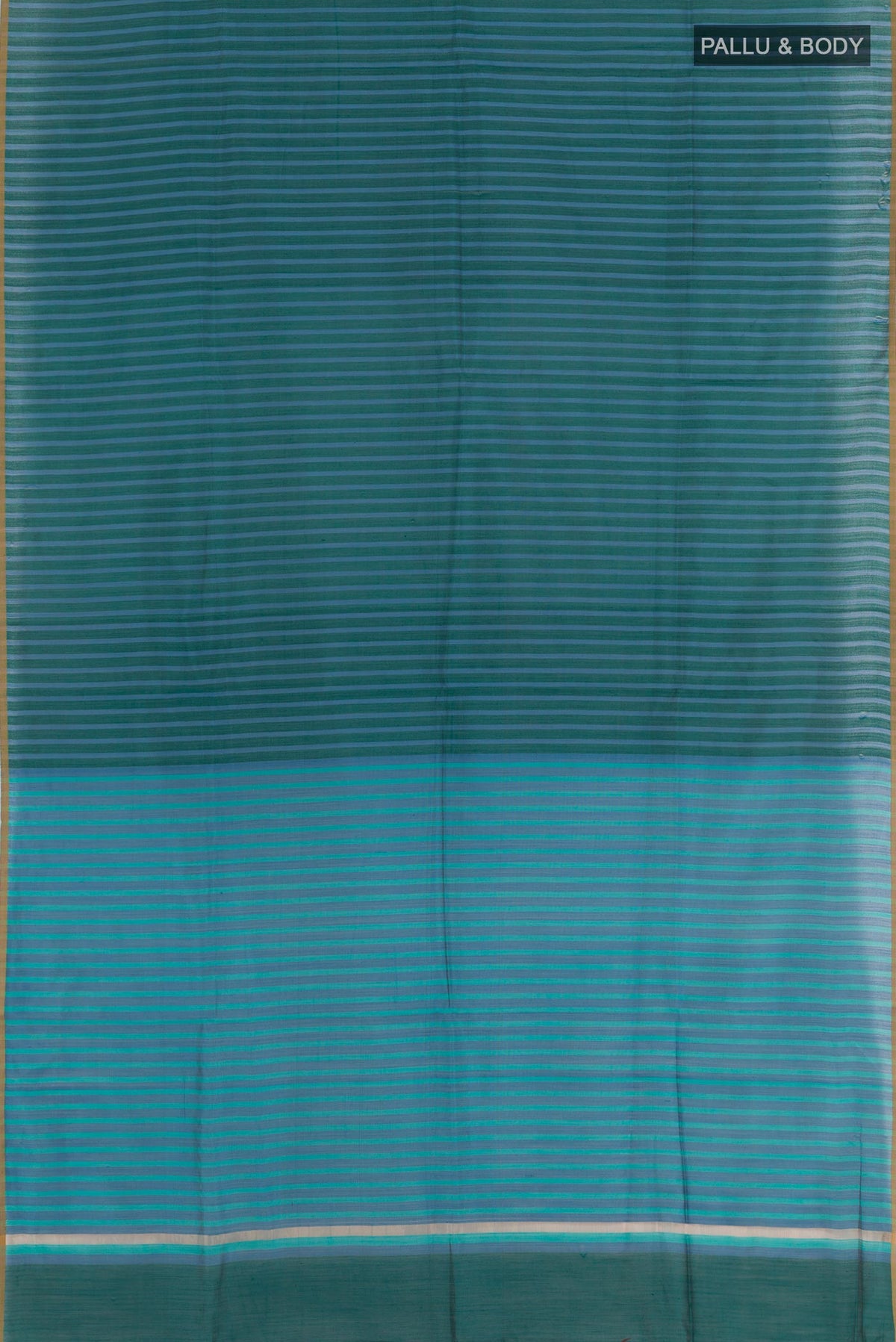 Flat view of Blue Tussar Saree with Stripes on the body and Plain Border. 