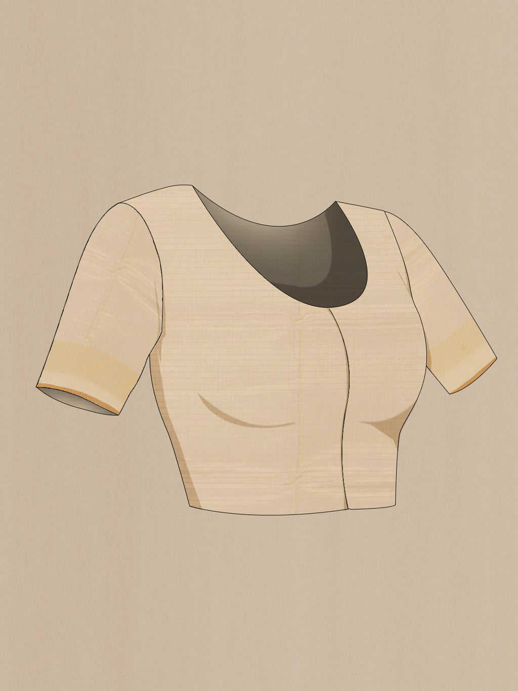 Close up image of the blouse of Beige Tussar Saree with Checked design on the body and Plain Border. 