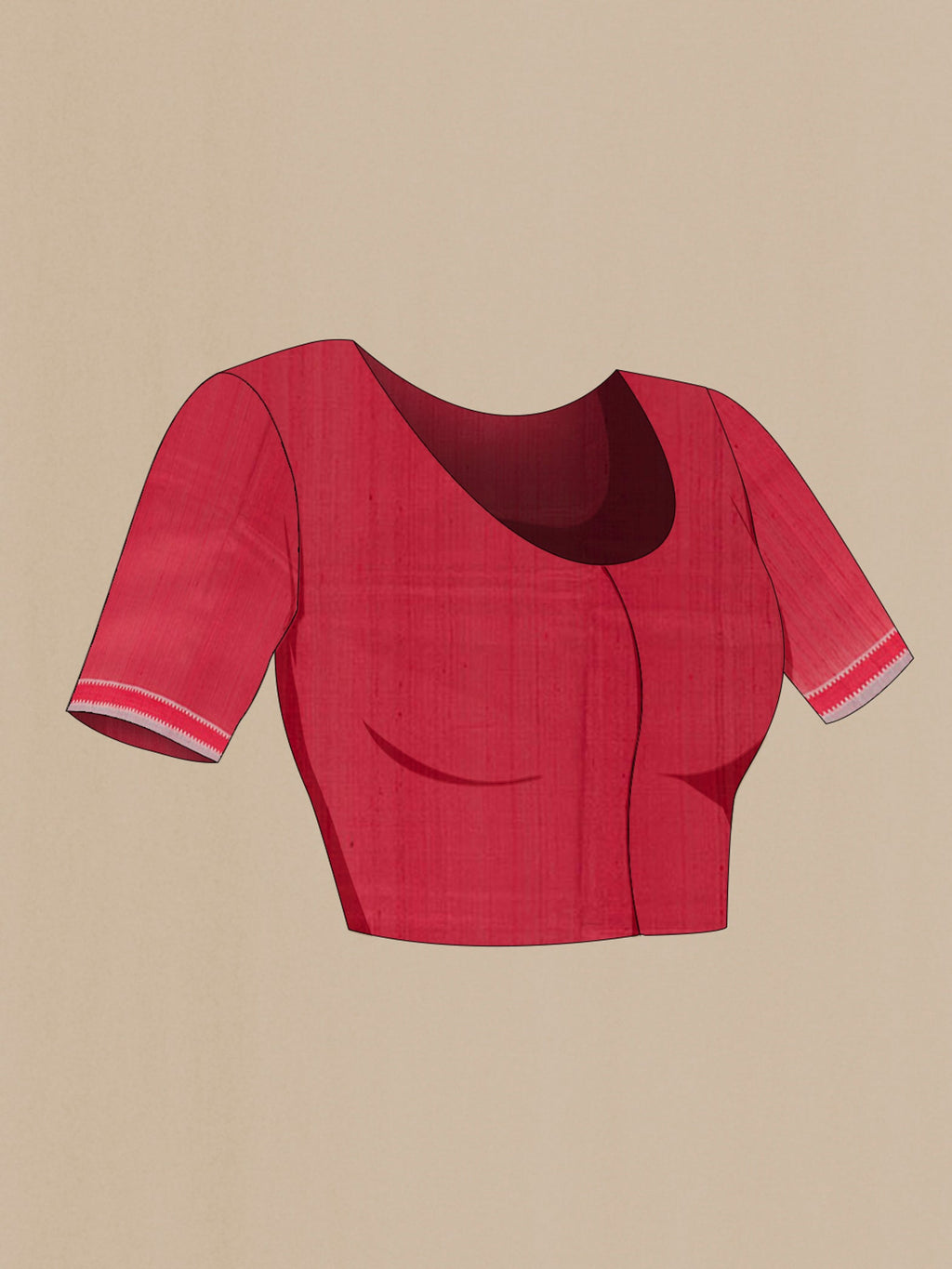 Close up image of the blouse of Red Tussar Saree with Stripes on the body and Zari Border. 