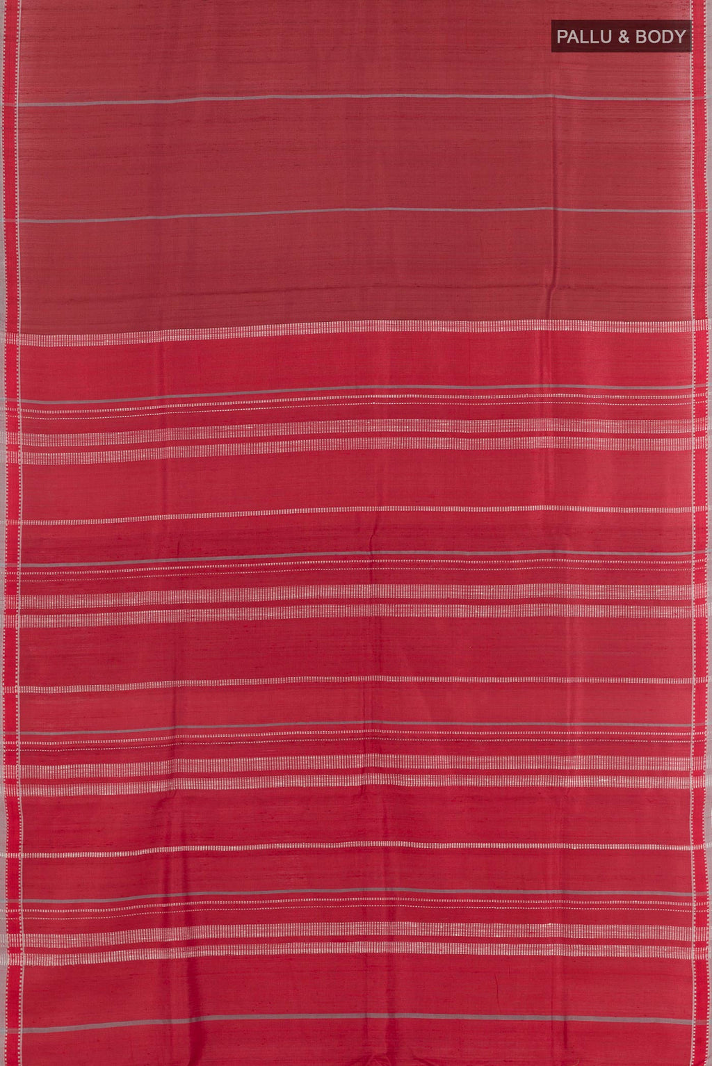 Flat view of Red Tussar Saree with Stripes on the body and Zari Border. 