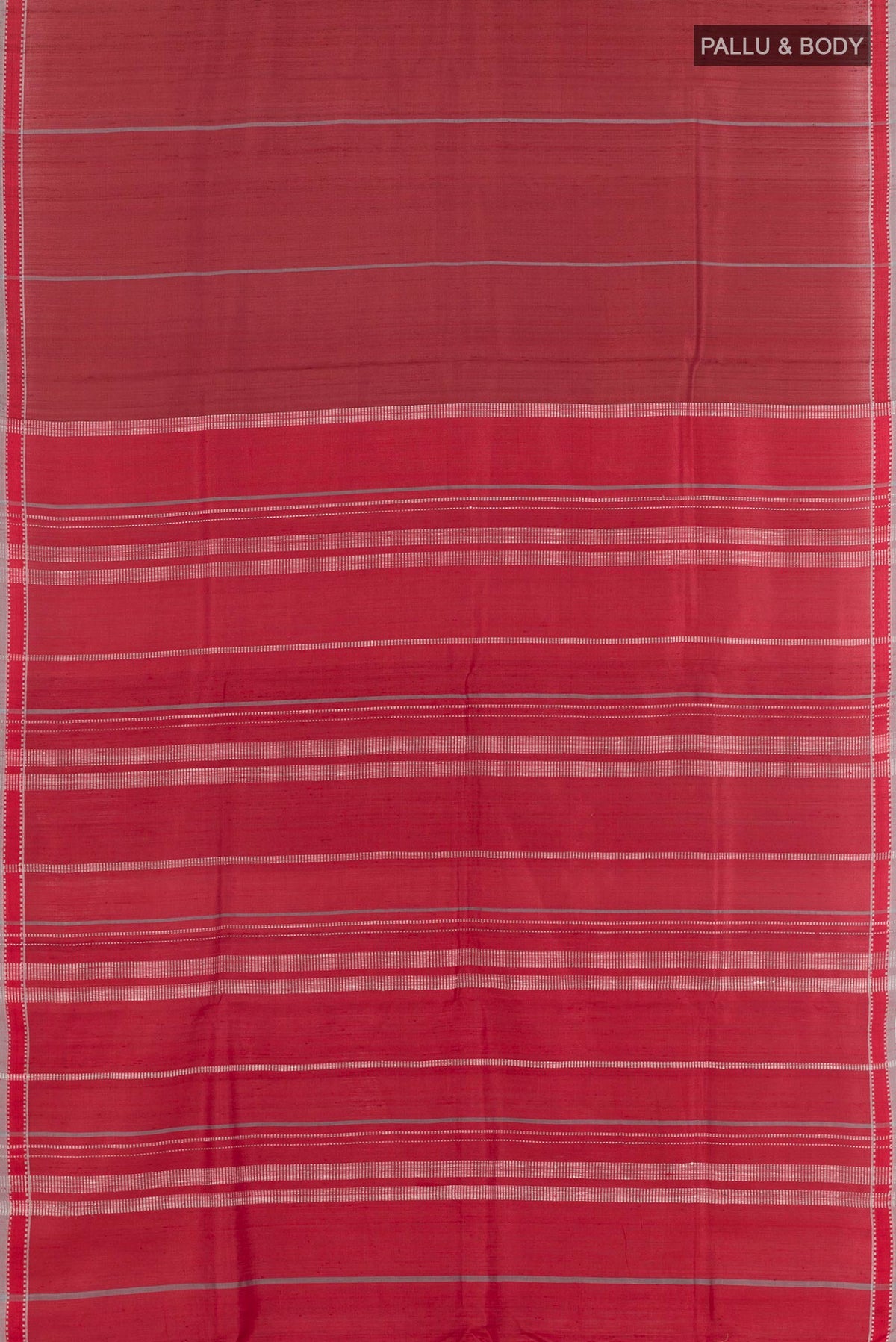 Flat view of Red Tussar Saree with Stripes on the body and Zari Border. 