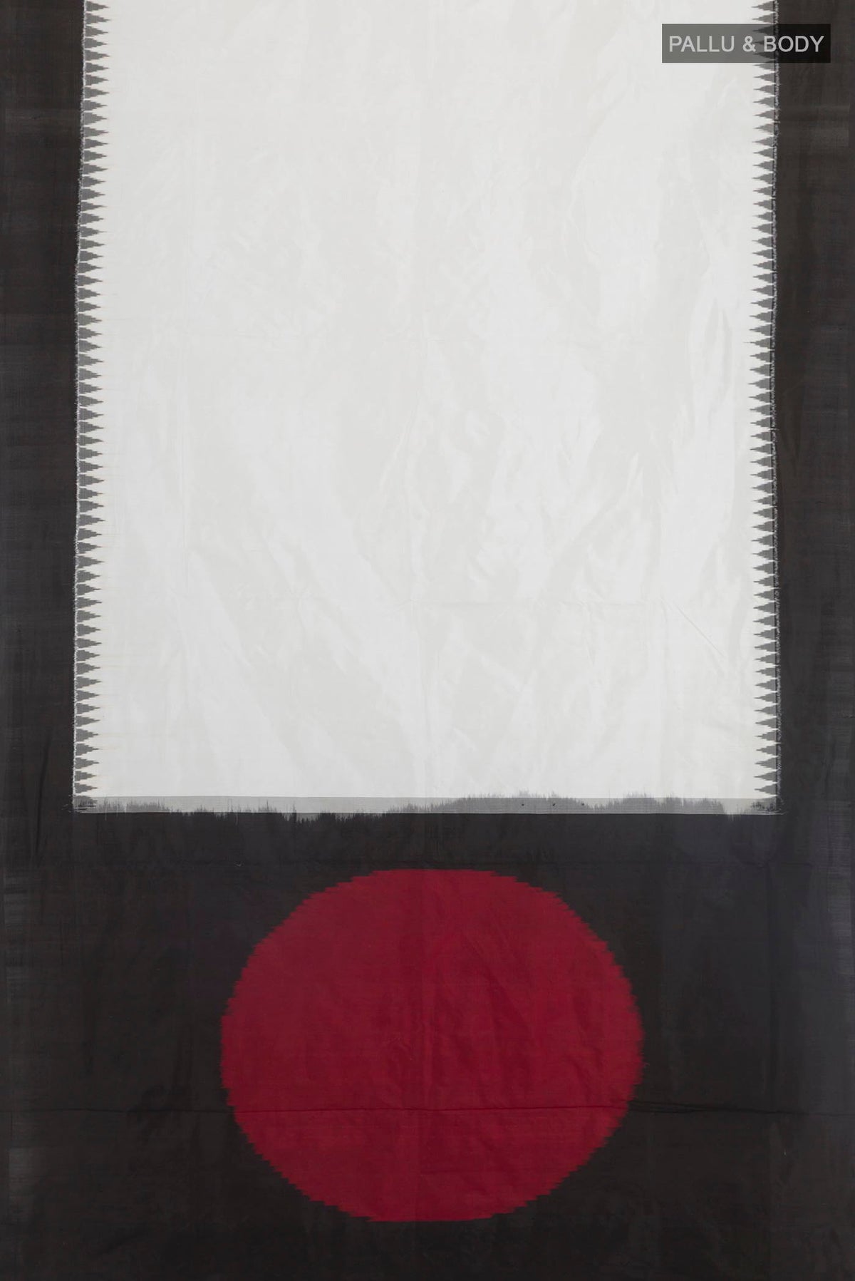 Flat view of White Pochampally Silk Saree with Ikat design on the body and Zari Border. 