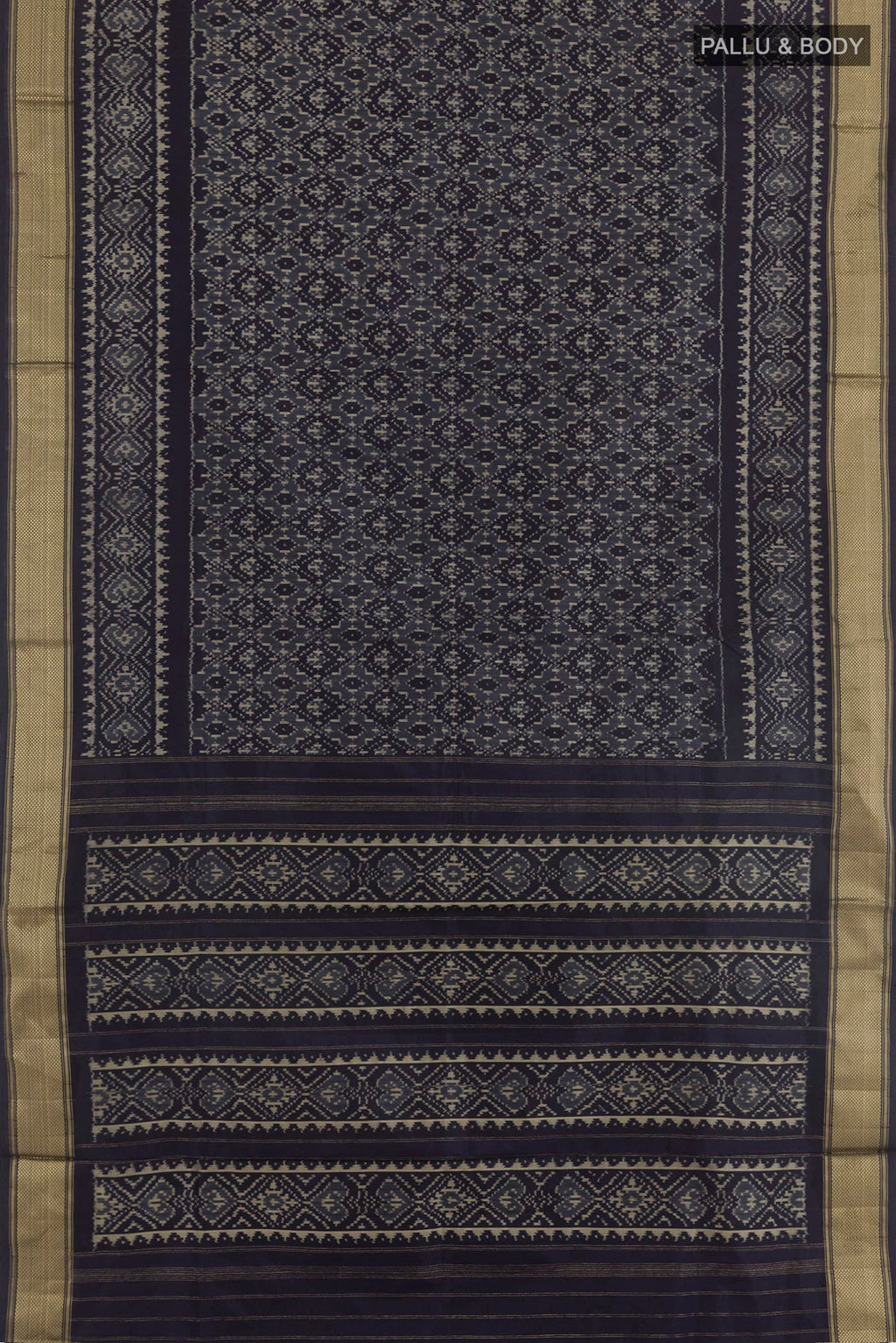 Flat view of Blue Pochampally Silk Saree with Ikat design on the body and Zari Border. 