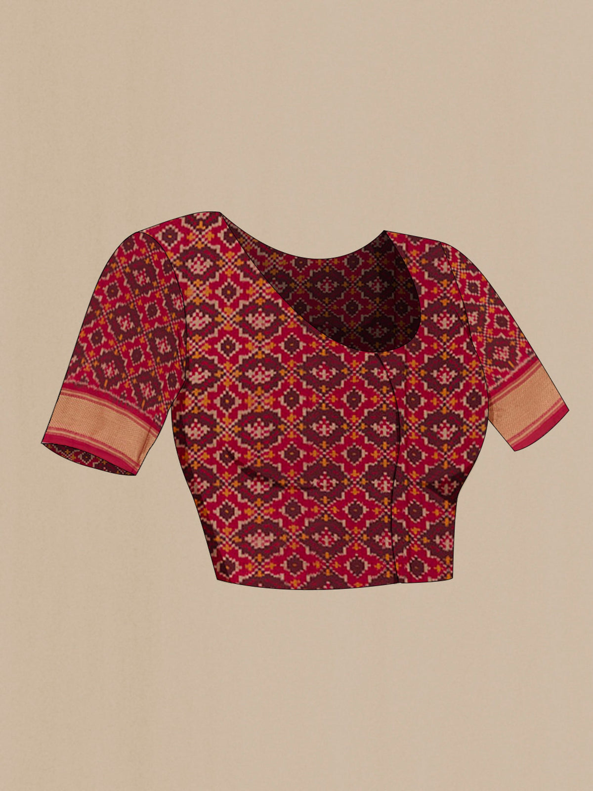 Close up image of the blouse of Beige Pochampally Silk Saree with Checked design on the body and Zari Border. 