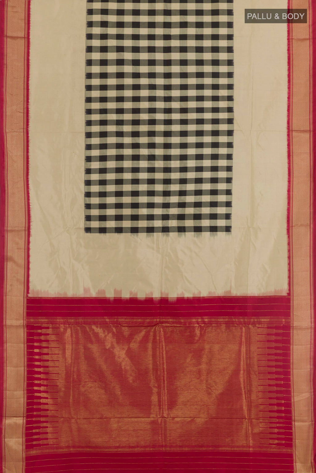 Flat view of Beige Pochampally Silk Saree with Checked design on the body and Zari Border. 