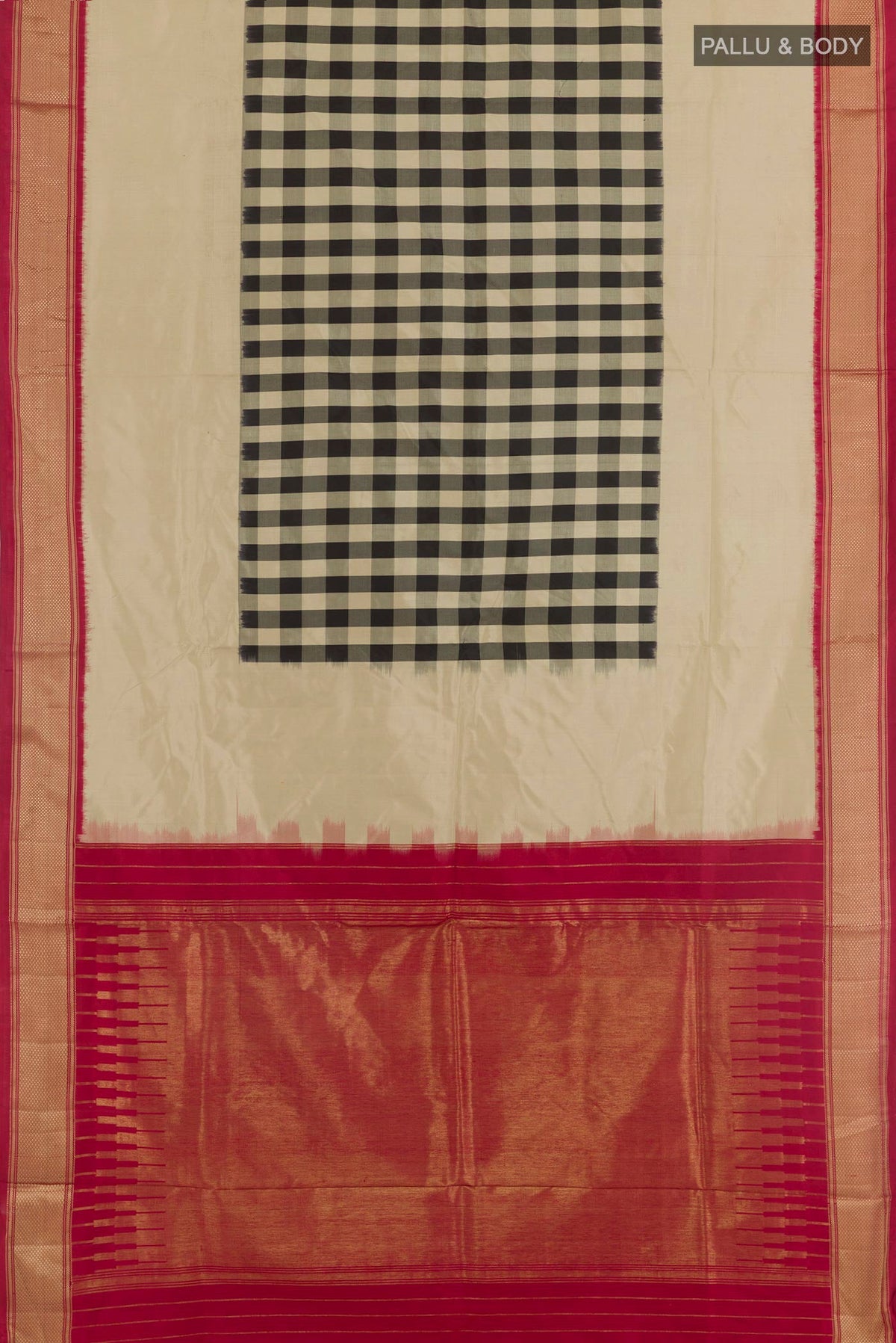 Flat view of Beige Pochampally Silk Saree with Checked design on the body and Zari Border. 