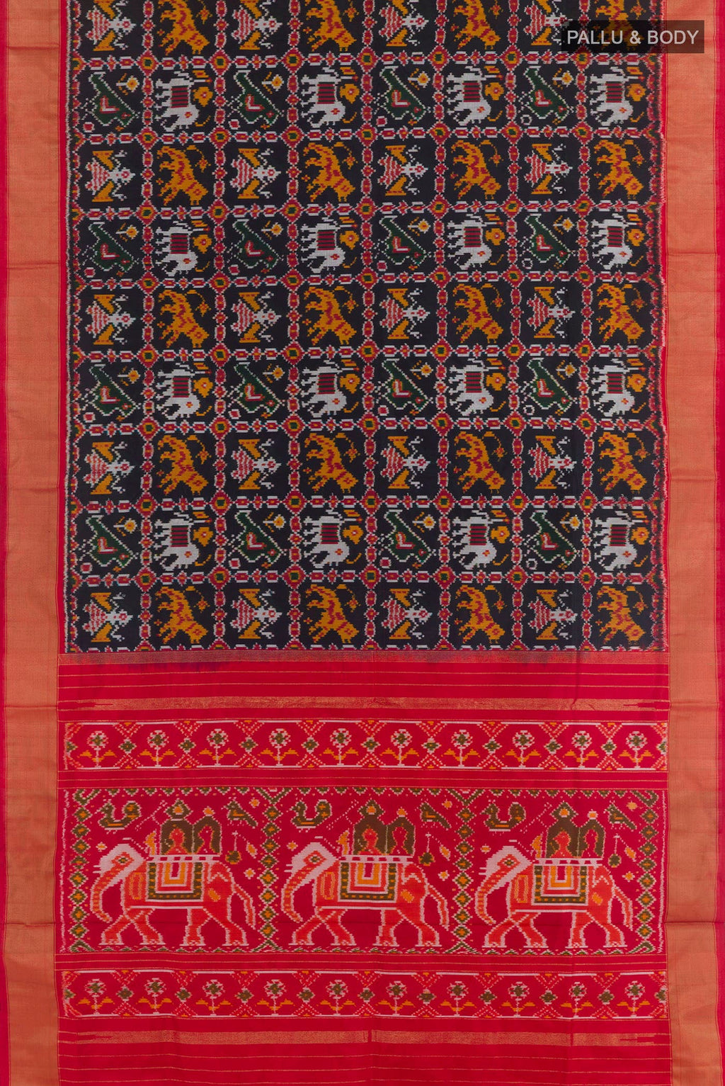 Flat view of Black Pochampally Silk Saree with Pure Ikat on the body and Zari Border. 
