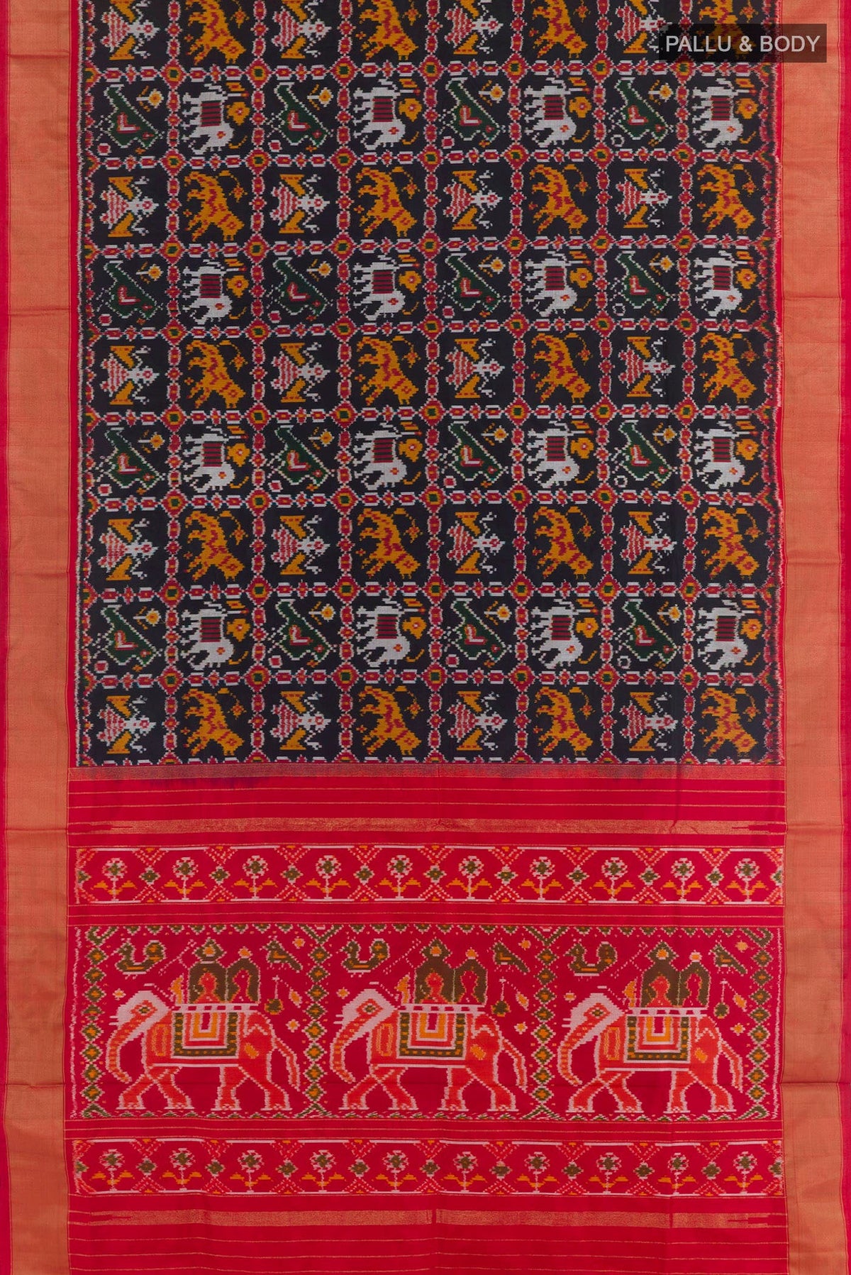 Flat view of Black Pochampally Silk Saree with Pure Ikat on the body and Zari Border. 