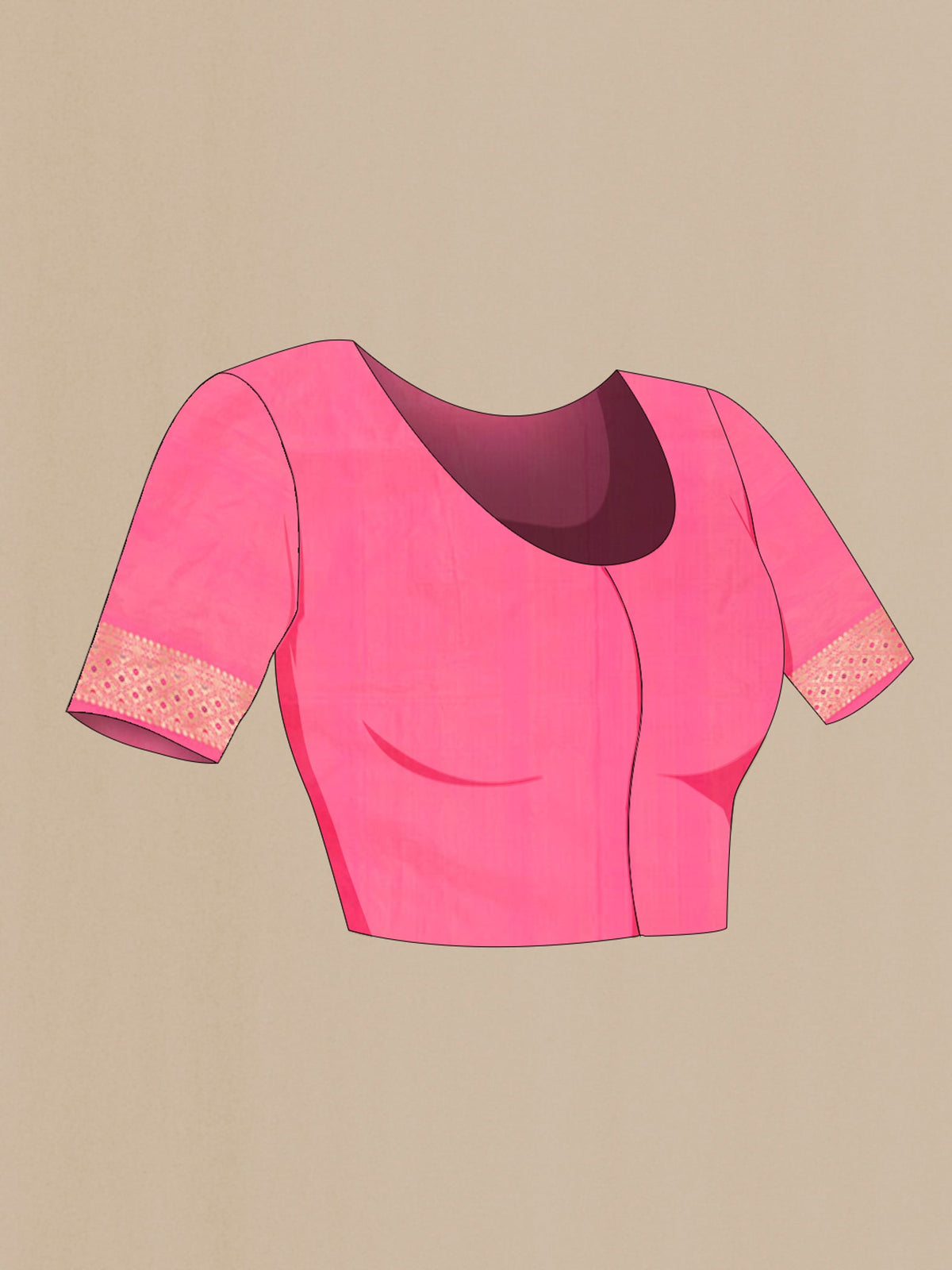 Close up image of the blouse of Pink Banarasi Silk Saree with Zari Brocade on the body and Zari Border. 