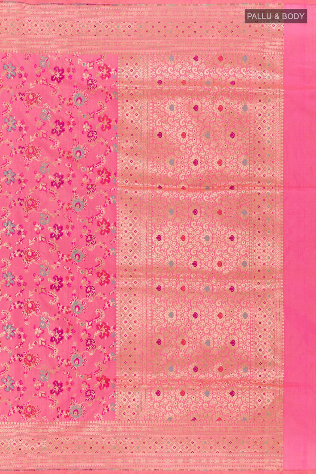 Close up image of the pallu of Pink Banarasi Silk Saree with Zari Brocade on the body and Zari Border. 