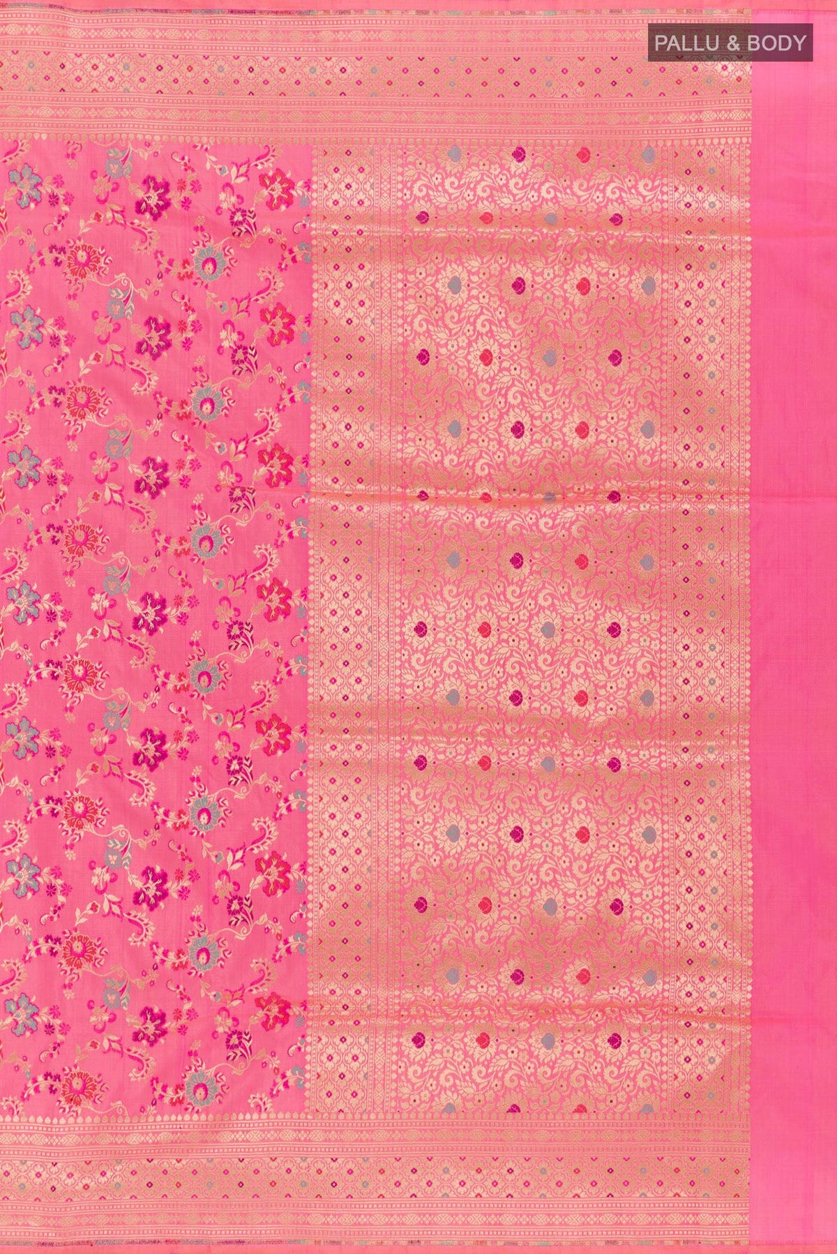 Close up image of the pallu of Pink Banarasi Silk Saree with Zari Brocade on the body and Zari Border. 