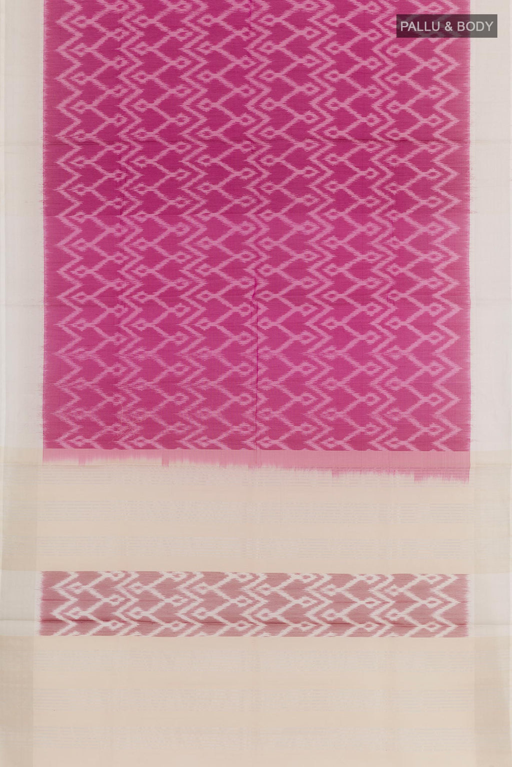 Flat view of Purple Blended Kora Cotton Saree with Ikat design on the body and Zari Border. 