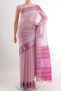 Off White Blended Kora Cotton Saree with Pure Ikat on the body and Zari Border.  displayed on a mannequin