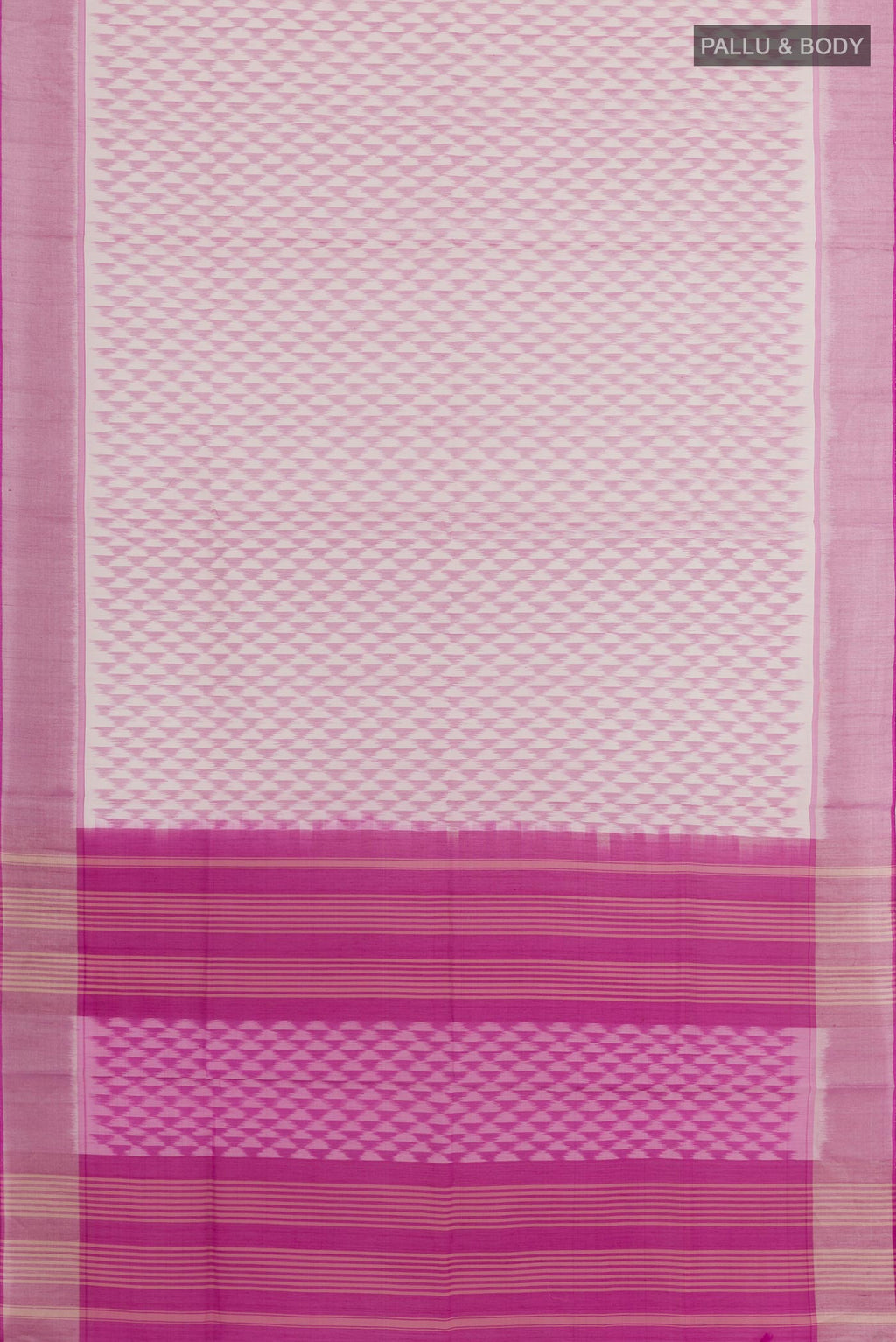 Flat view of Off White Blended Kora Cotton Saree with Pure Ikat on the body and Zari Border. 