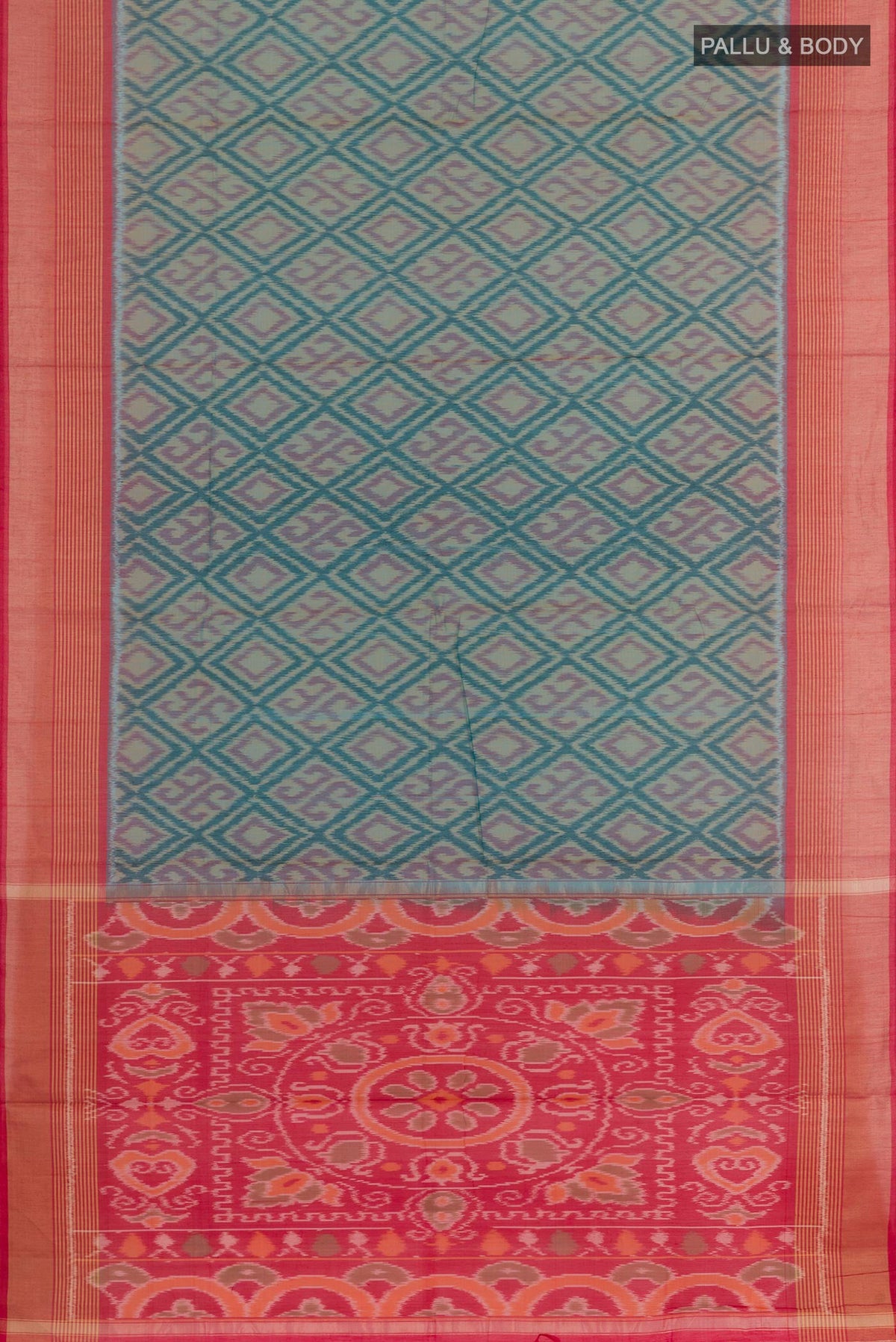 Flat view of Blue Blended Kora Cotton Saree with Ikat design on the body and Zari Border. 