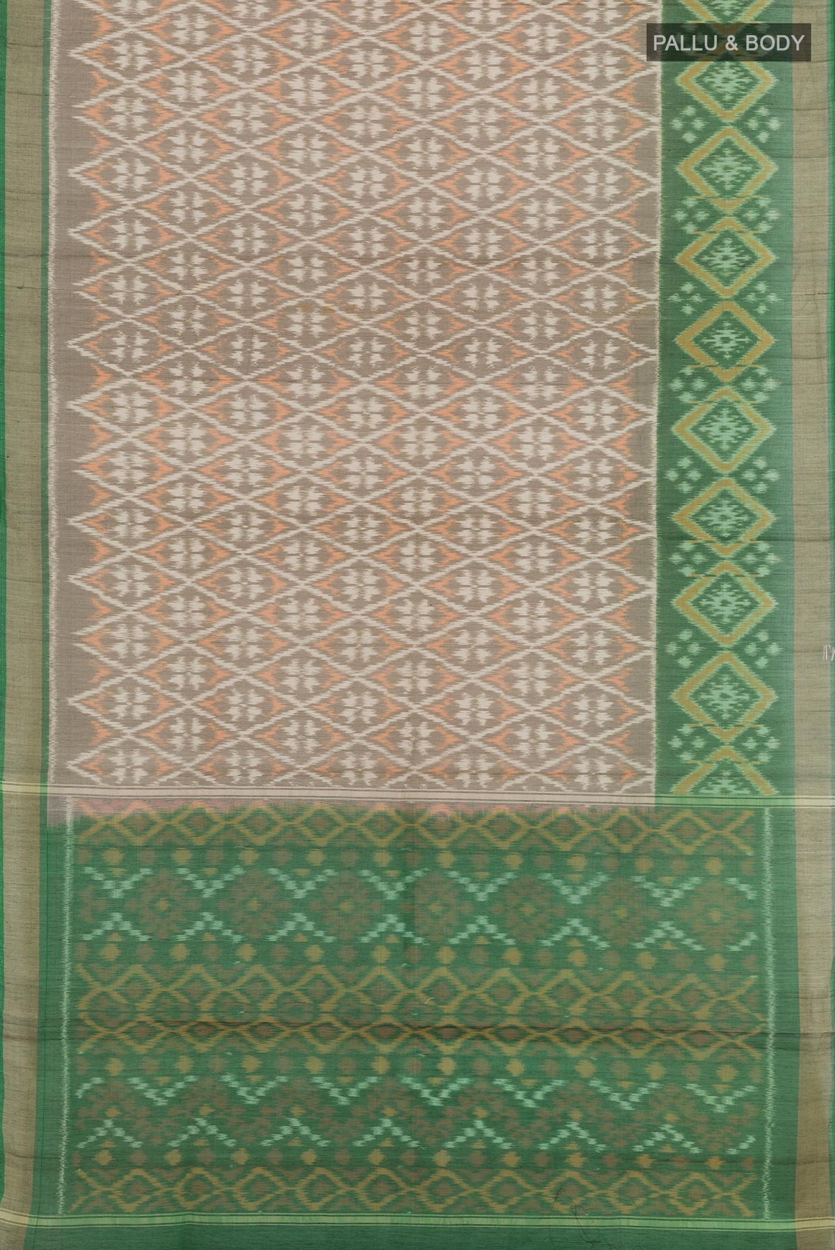 Flat view of Off White Blended Kora Cotton Saree with Pure Ikat on the body and Zari Border. 
