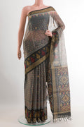 Grey Blended Kora Cotton Saree with Ikat design on the body and Zari Border.  displayed on a mannequin