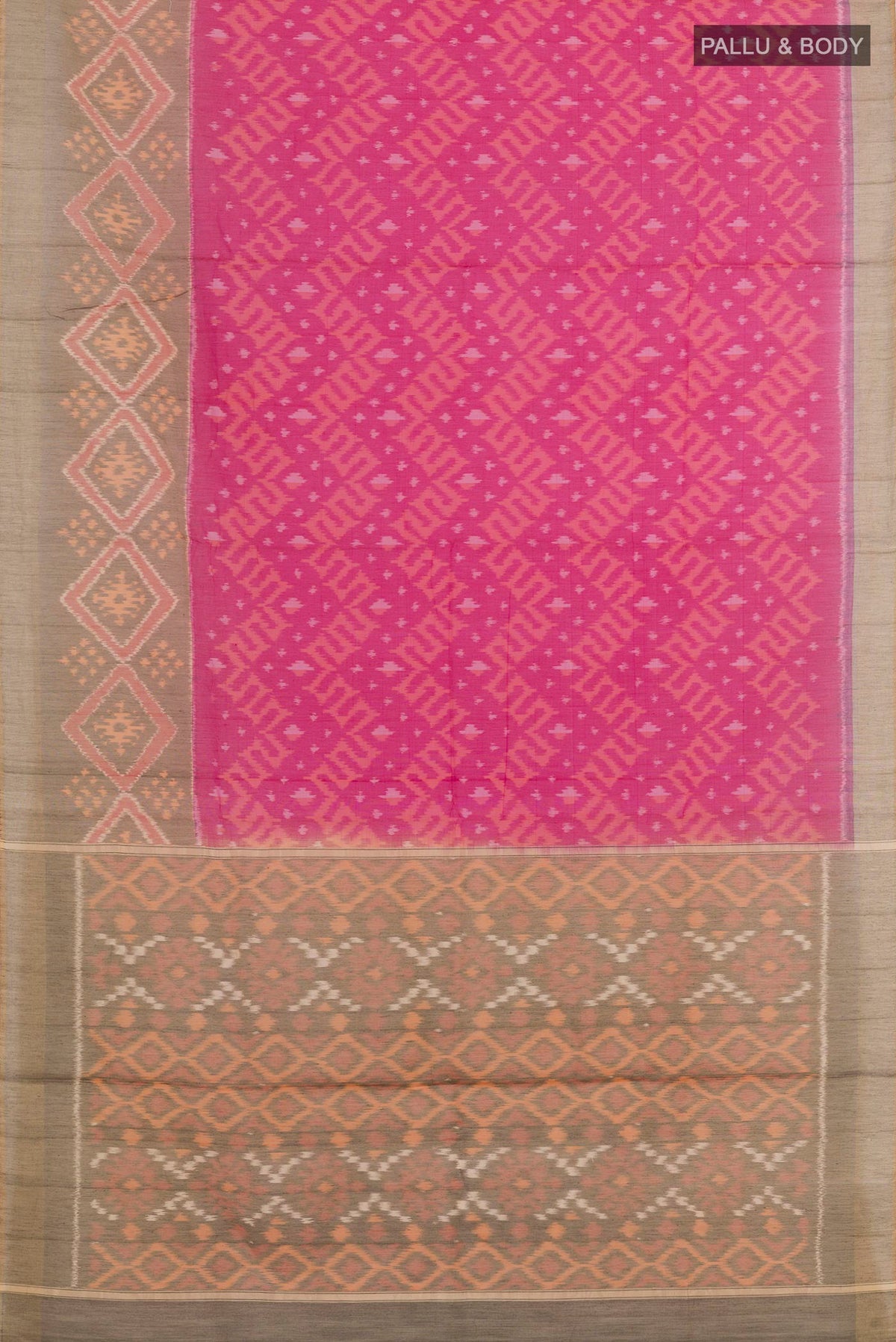 Flat view of Pink Kora Cotton Saree with Ikat design on the body and Zari Border. 