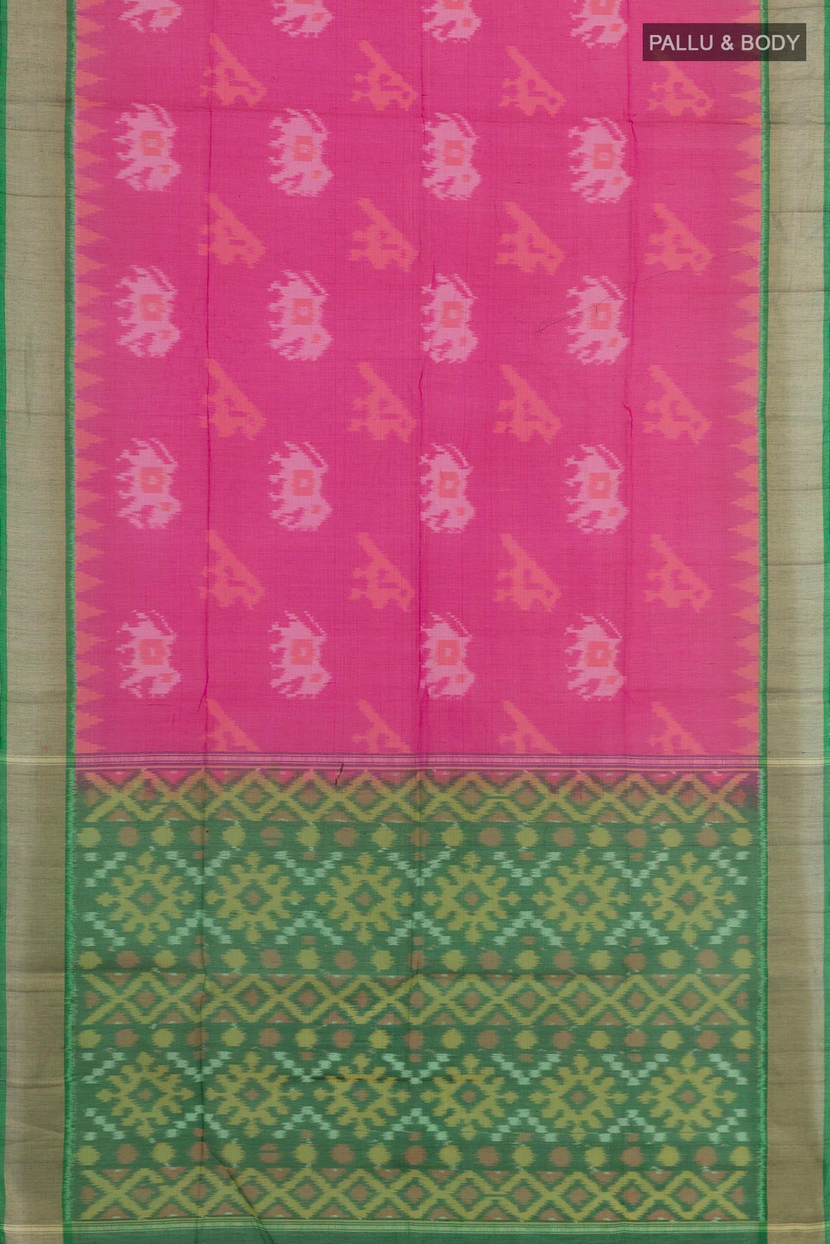 Flat view of Pink Kora Cotton Saree with Ikat design on the body and Zari Border. 