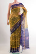 Yellow Blended Kora Cotton Saree with Ikat design on the body and Zari Border.  displayed on a mannequin