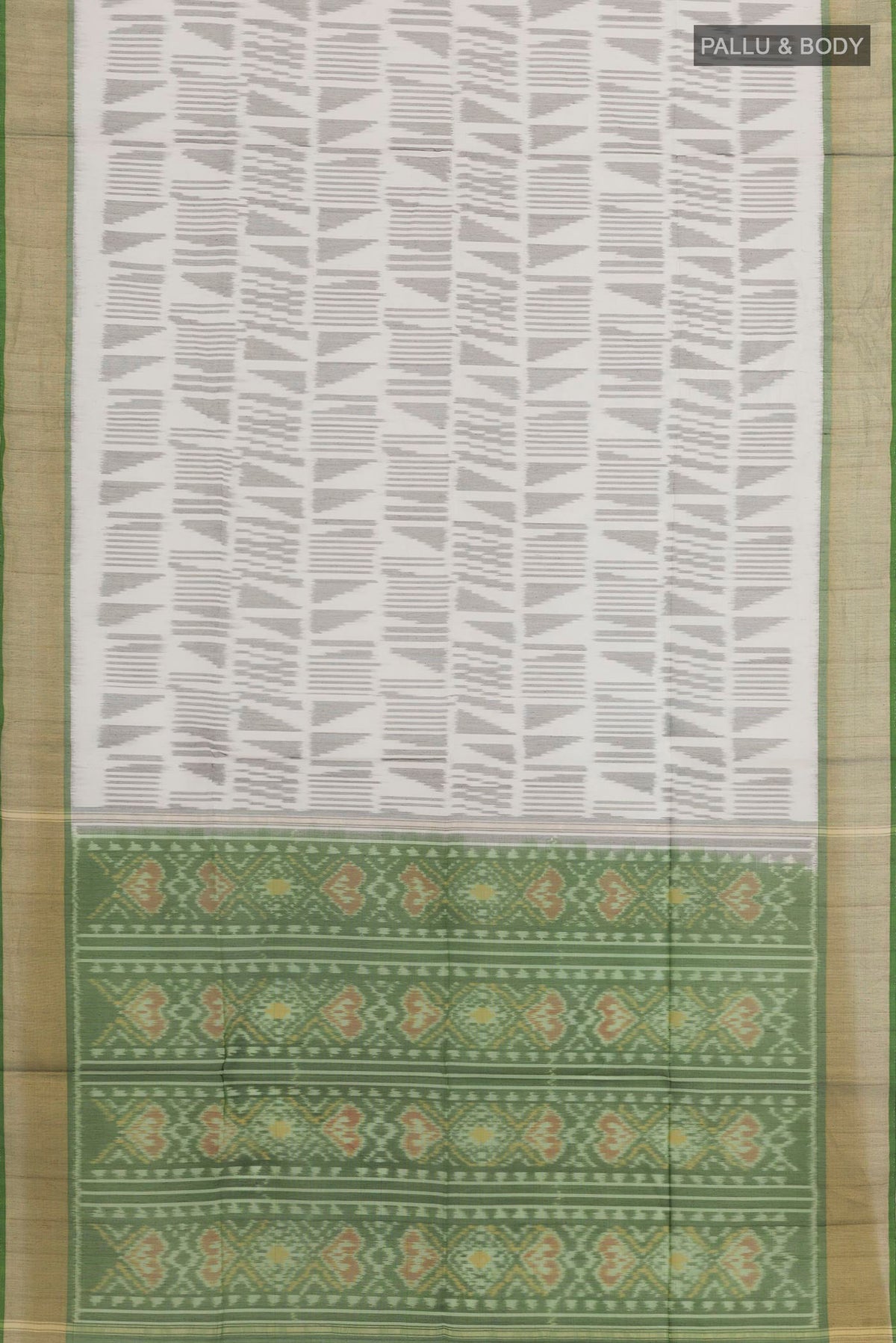 Flat view of Off White Blended Kora Cotton Saree with Ikat design on the body and Zari Border. 