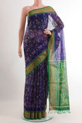 Blue Blended Kora Cotton Saree with Ikat design on the body and Zari Border.  displayed on a mannequin