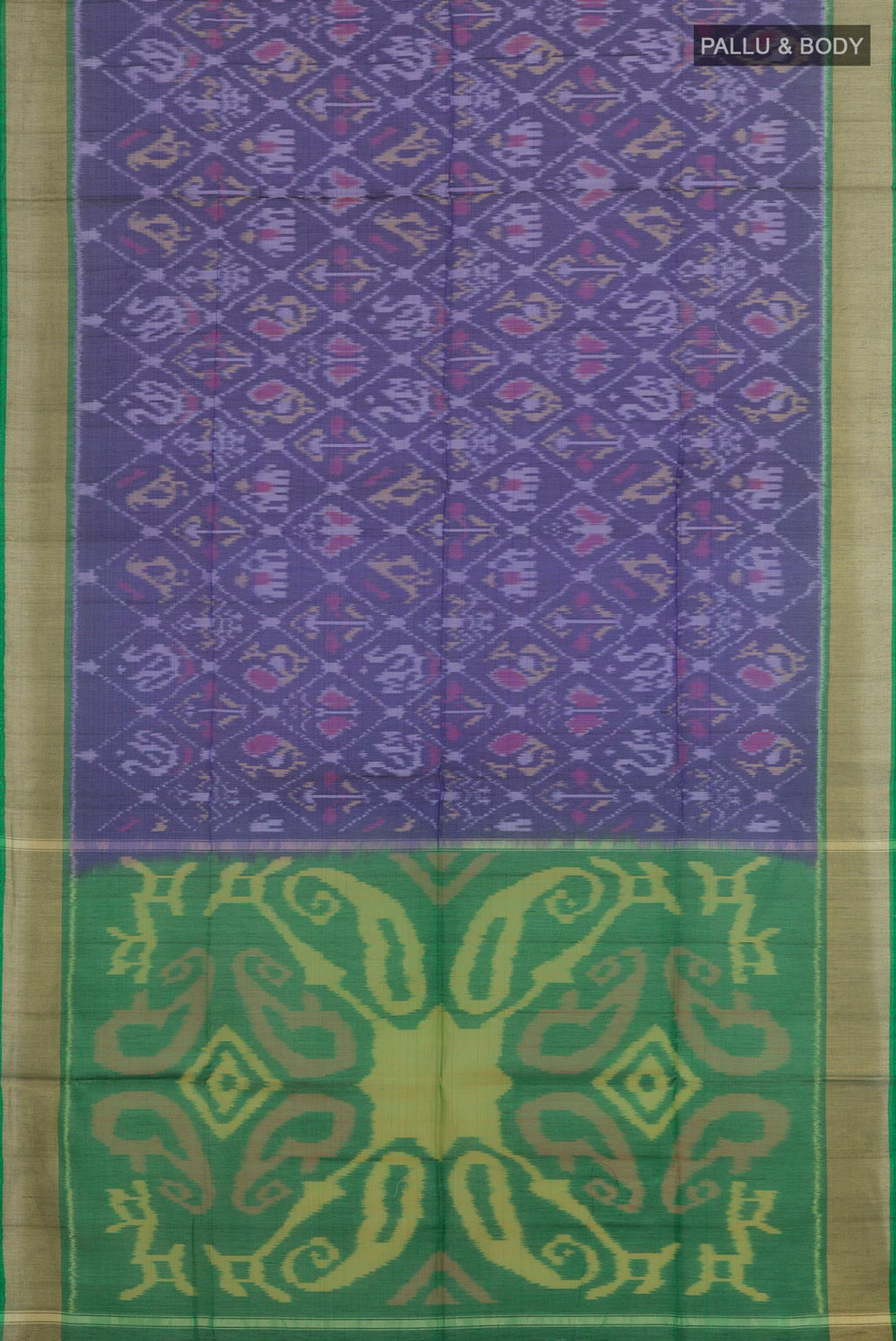 Flat view of Blue Blended Kora Cotton Saree with Ikat design on the body and Zari Border. 