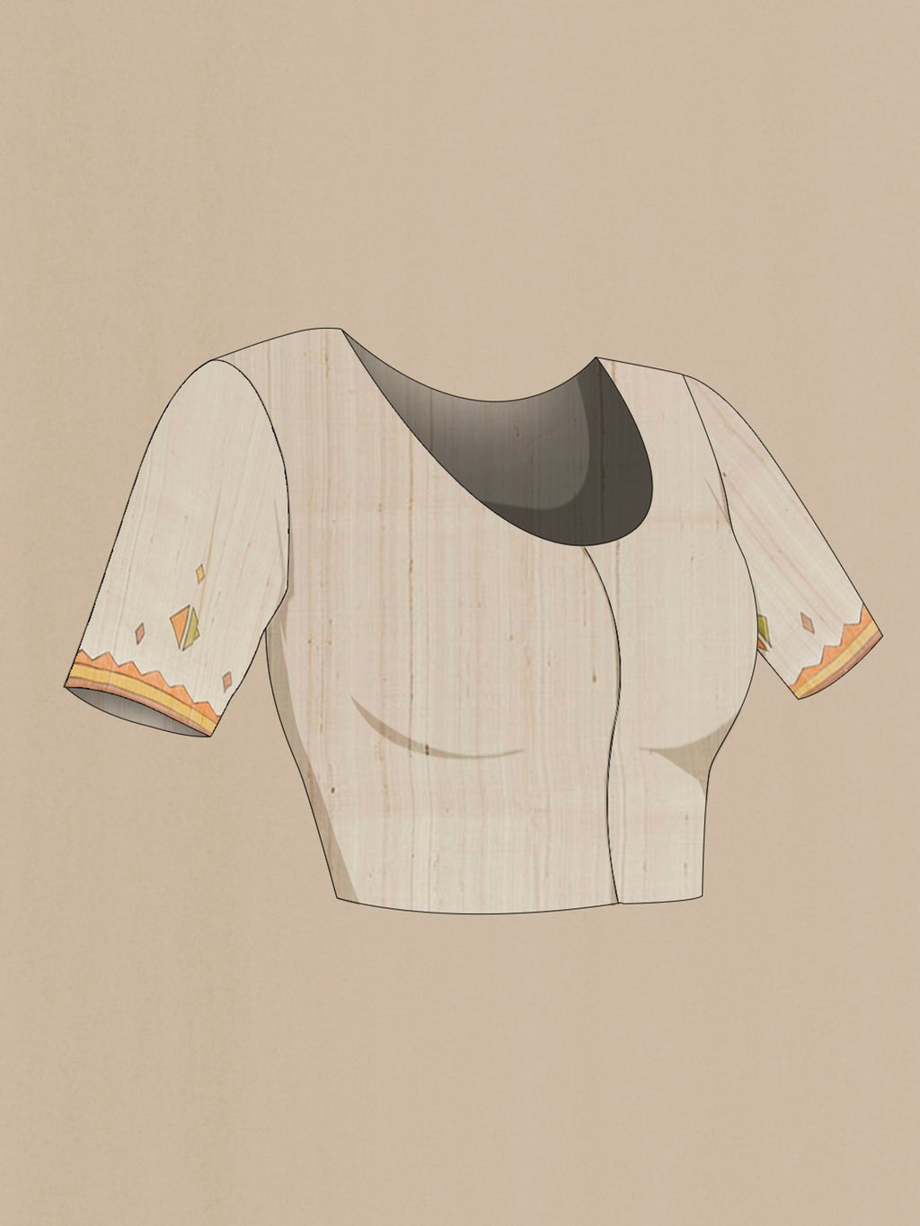 Close up image of the blouse of Cream Tussar Saree with Printed design on the body and Printed Border. 